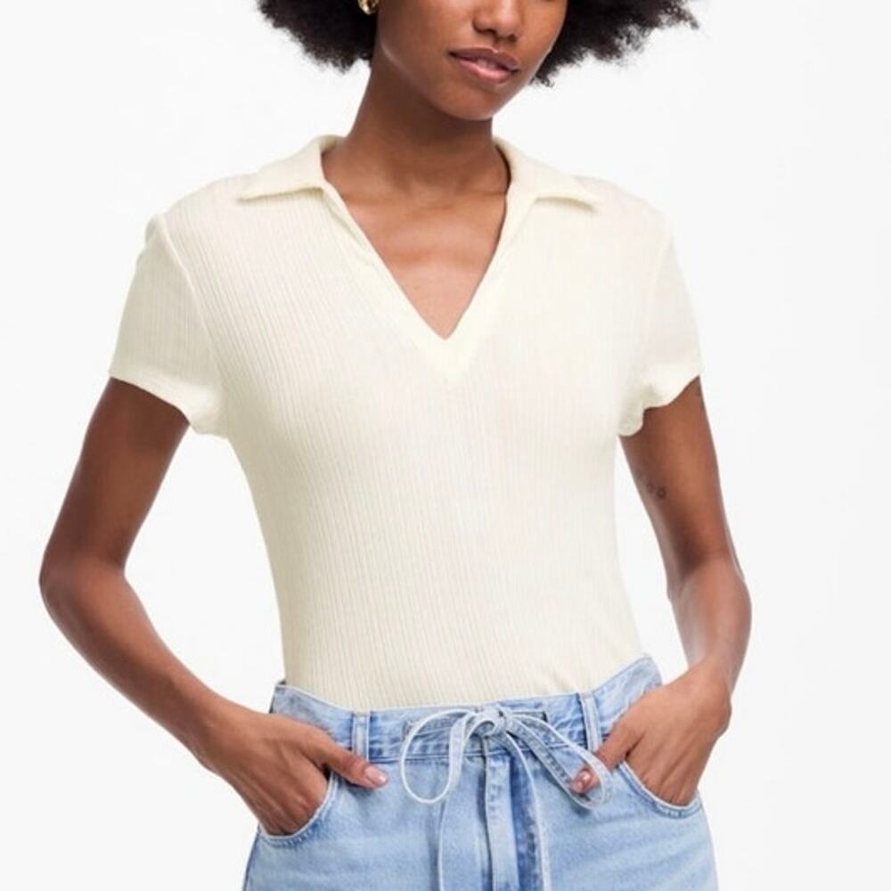 Madewell Ribbed V Neck Ribbed Polo Tee Lighthouse Ivory Size Medium NWT